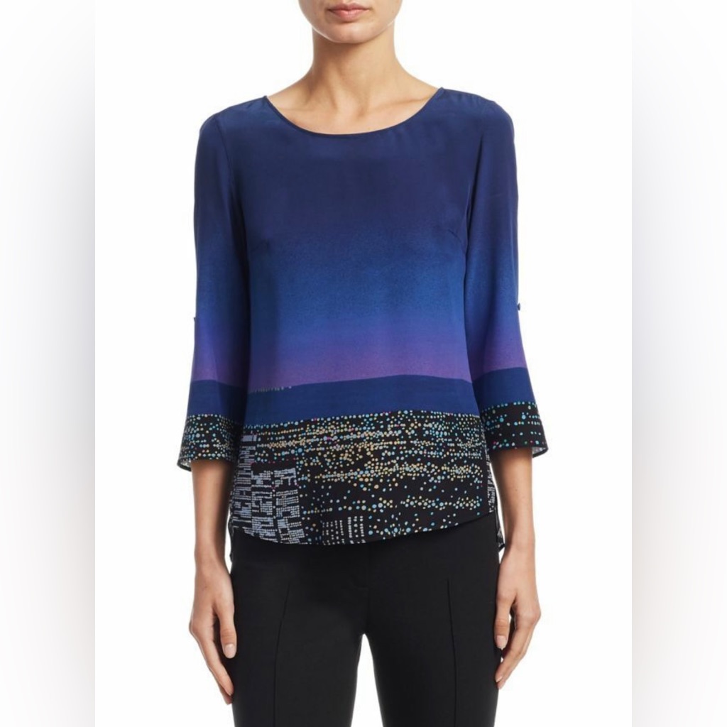 Akris Punto Twilight City Print Top Silk Blouse Purple Skyline Dots Airplane 8